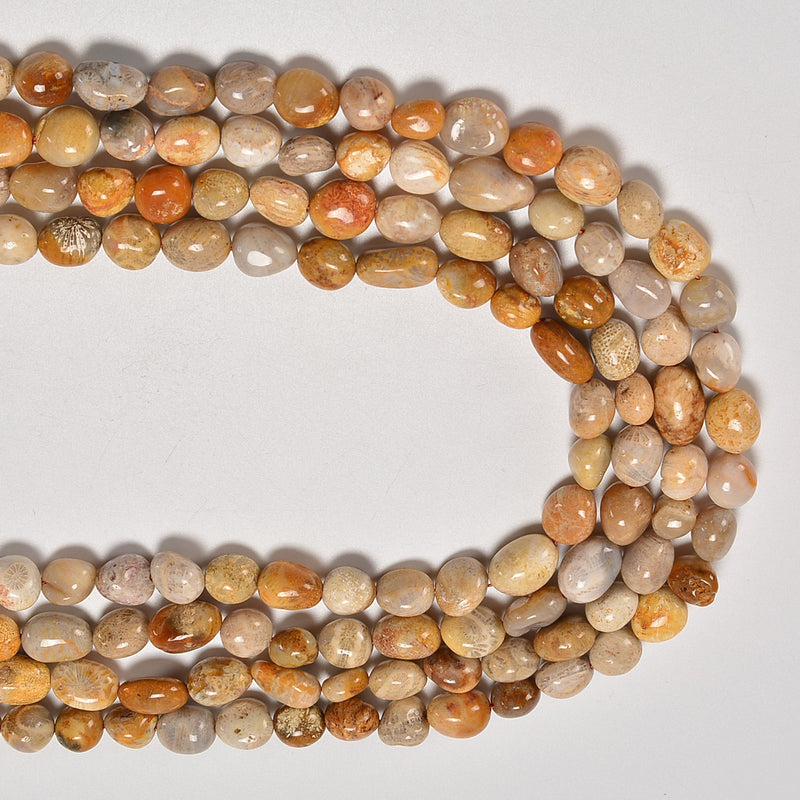 Fossil Coral Smooth Pebble Nugget Loose Beads 8-12mm - 15" Strand