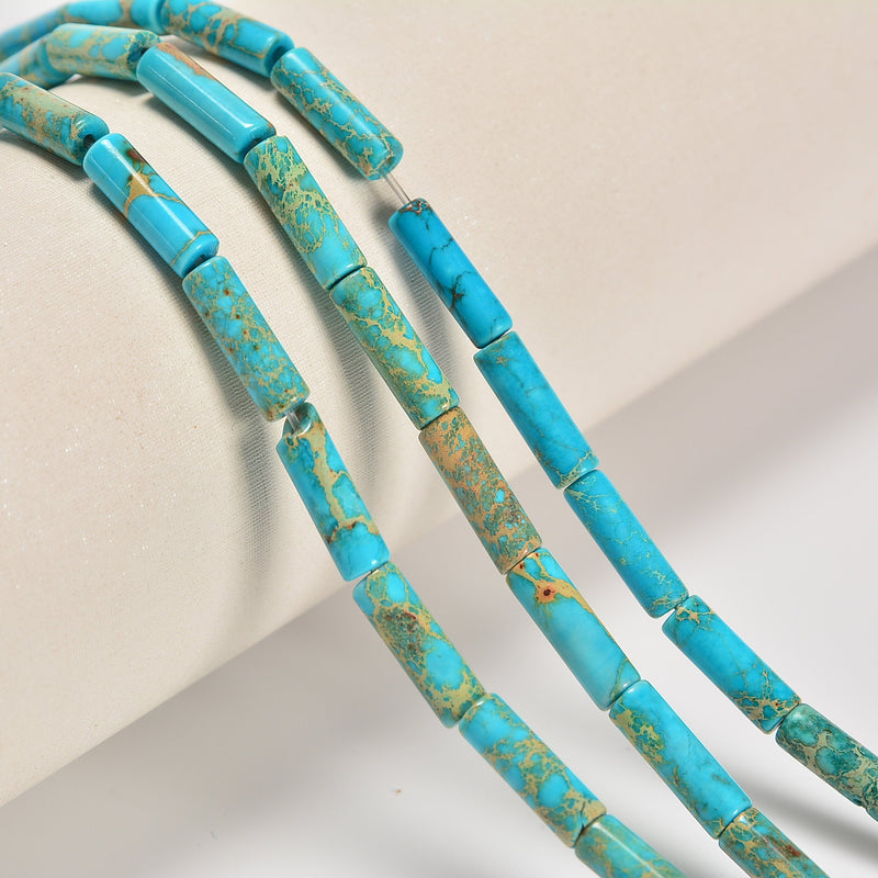 Blue Turquoise Sea Sediment Imperial Jasper Smooth Cylinder Tube Loose Beads 4x13mm - 15" Strand