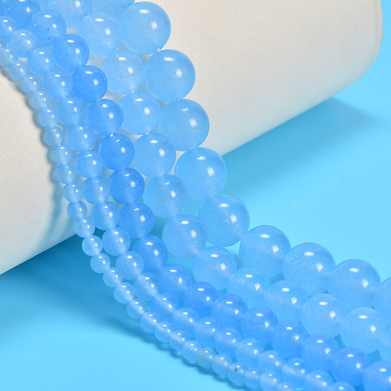 Light Blue Dyed Jade Smooth Round Loose Beads 4mm-12mm - 15" Strand
