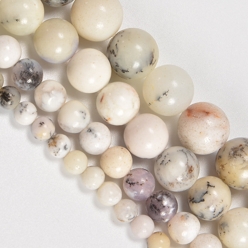 Dendritic White Opal Smooth Round Loose Beads 4mm-10mm - 15" Strand