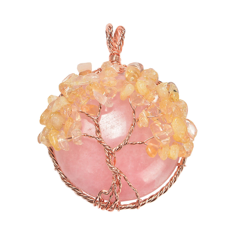 Rose Quartz and Citrine 40mm Wire Wrapped Tree of Life Pendant Necklace Jewelry Gemstone Chips Beads