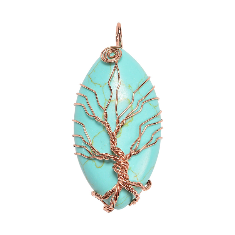 Green Howlite Turquoise 25x40mm Wire Wrapped Tree of Life Gemstone Eye Shape Drop Pendant Necklace Jewelry, Turquoise Howlite Drop Pendant