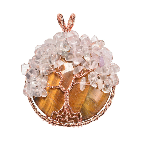 Yellow Tiger's Eye and Clear Quartz 40mm Wire Wrapped Tree of Life Pendant Necklace Jewelry Gemstone Chips Beads