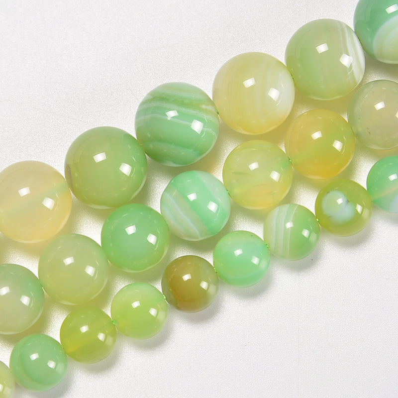 Cream Green Stripe Agate Smooth Round Loose Beads 8mm-12mm - 15.5" Strand