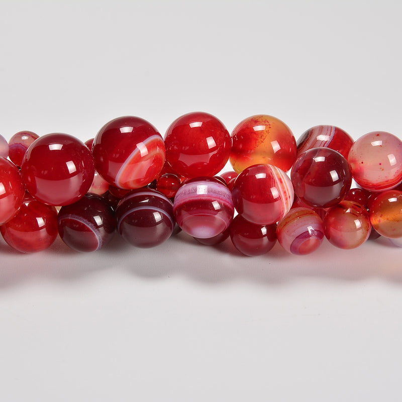 Christmas Red Stripe Agate Smooth Round Loose Beads 4mm-12mm - 15.5" Strand