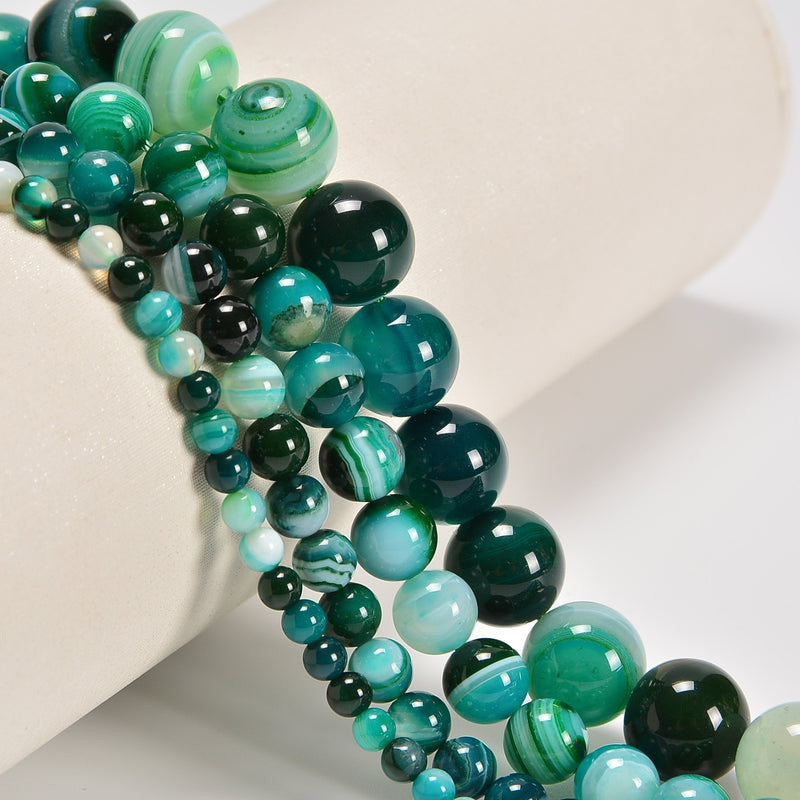 Blackish Green Stripe Agate Smooth Round Loose Beads 4mm-12mm - 15.5" Strand