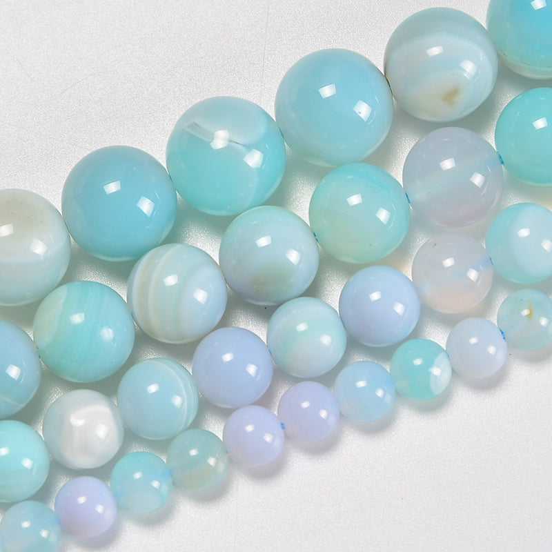 Light Blue Stripe Agate Smooth Round Loose Beads 6mm-12mm - 15.5" Strand
