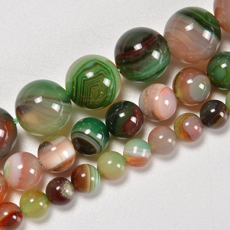 Brown Green Stripe Agate Smooth Round Loose Beads 6mm-12mm - 15.5" Strand