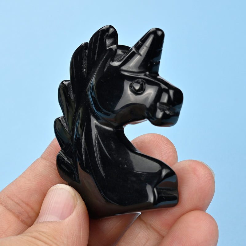 Carved Unicorn Figurine, 2 inches Natural Black Obsidian Unicorn Gemstone, Unicorn Crystal Decor, Black Obsidian.