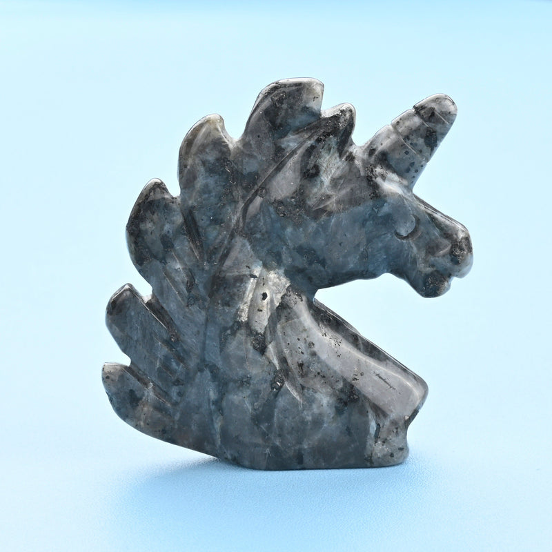 Carved Unicorn Figurine, 2 inches Natural Larvikite Labradorite Unicorn Gemstone, Unicorn Crystal Decor, Larvikite Labradorite.