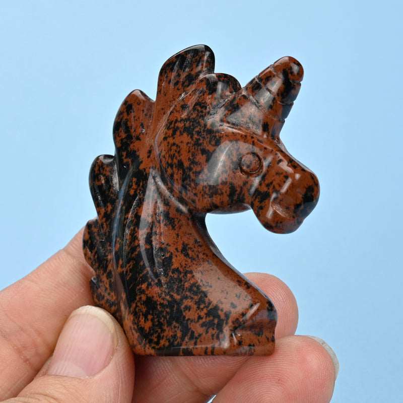 Carved Unicorn Figurine, 2 inches Natural Mahogany Obsidian Unicorn Gemstone, Unicorn Crystal Decor, Mahogany Obsidian.