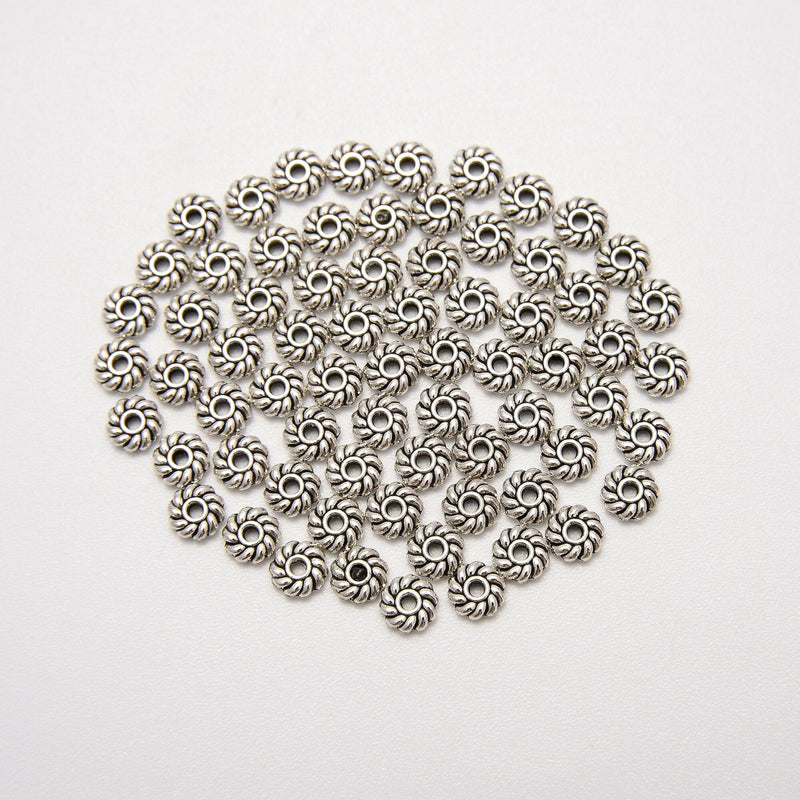 6mm Silver Corrugated Whirl Tire Wheel Beads, Spacer Beads, Rondelle Bead Accents, Bead Accessories Jewelry Making DIY Bracelets Necklaces