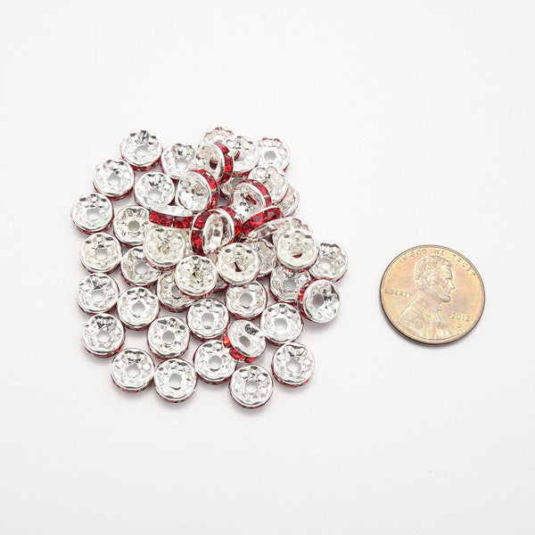 7mm Silver Plated Red Crystal Rhinestones Rondelle Beads, Spacer Beads, Bead Accessories Jewelry Making DIY Bracelets Necklaces