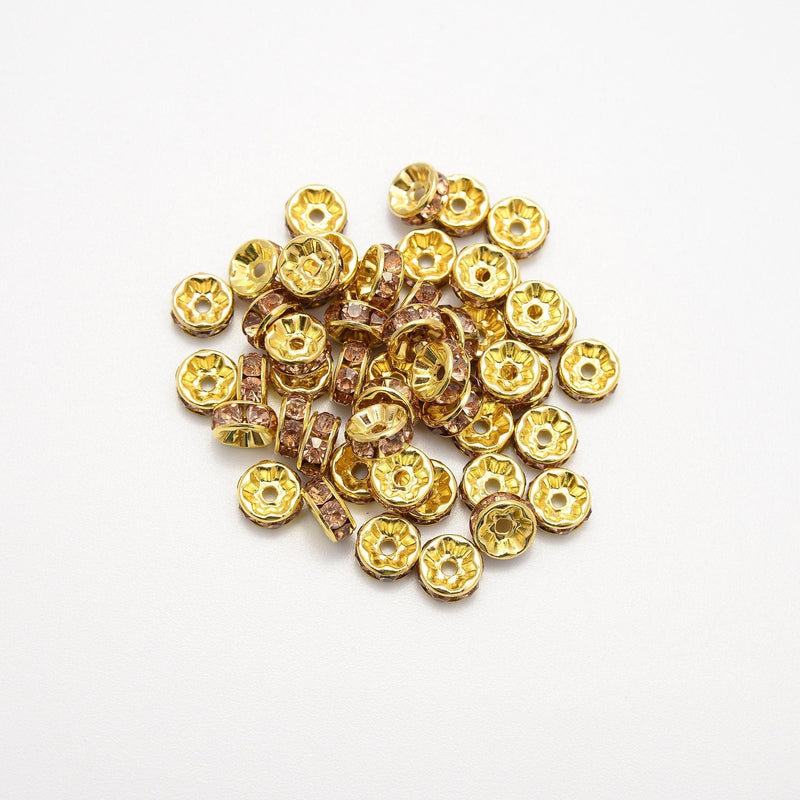 7mm Gold Plated Light Colorado Topaz Crystal Rhinestones Rondelle, Spacer Beads, Bead Accessories Jewelry Making DIY Bracelets Necklaces