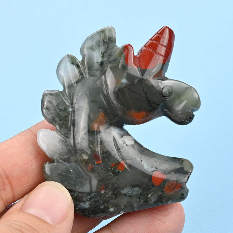 Carved Unicorn Figurine, 2 inch Natural African Bloodstone Unicorn Gemstone, Unicorn Crystal Decor