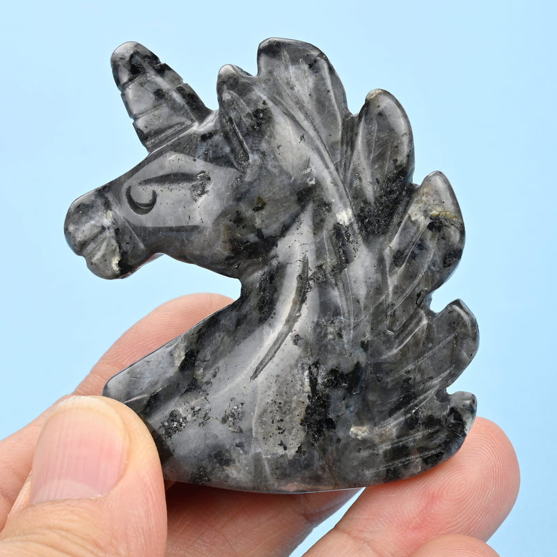 Carved Unicorn Figurine, 2 inches Natural Larvikite Labradorite Unicorn Gemstone, Unicorn Crystal Decor, Larvikite Labradorite.