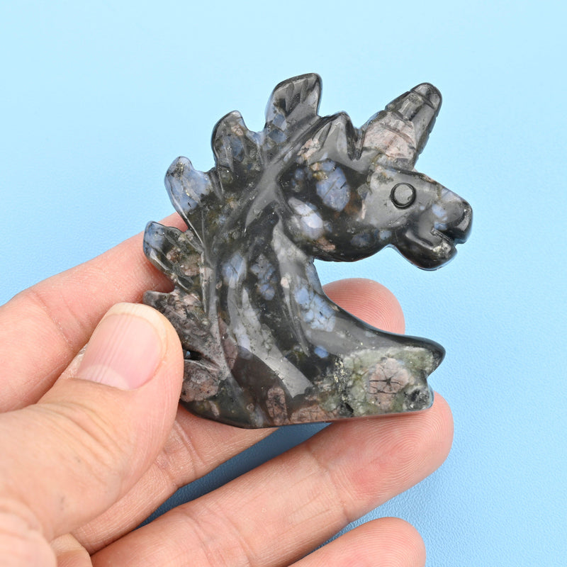 Carved Unicorn Figurine, 2 inches Natural Blue Labradorite Unicorn Gemstone, Unicorn Crystal Decor, Blue Labradorite.