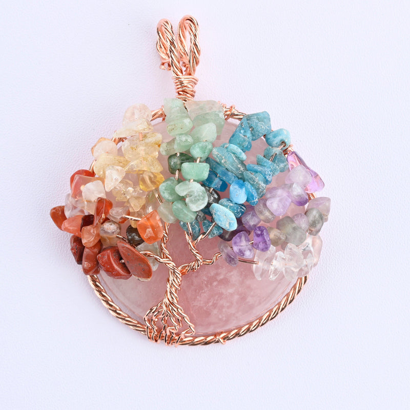 Rose Quartz 40mm Wire Wrapped Chakra Tree of Life Pendant Necklace Jewelry Gemstone 7 Chakra Chips Beads
