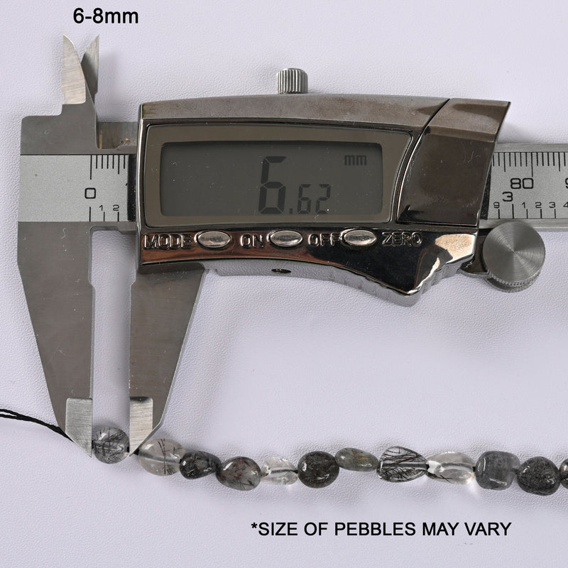Black Rutilated Quartz Smooth Pebble Nugget Loose Beads 6-8mm, 8-12mm - 15" Strand