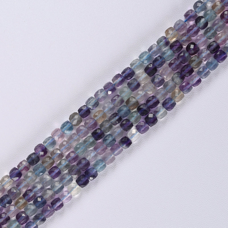 Fluorite Faceted Square Cube Diamond Cut Loose Beads 4mm - 15" Strand