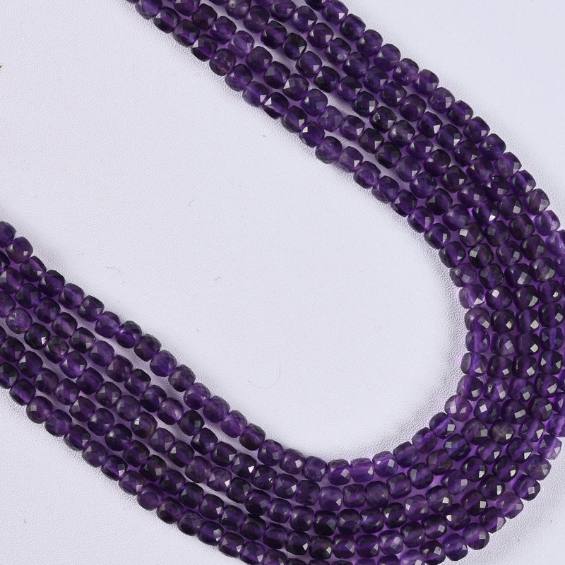 Amethyst Faceted Square Cube Diamond Cut Loose Beads 4mm - 15" Strand