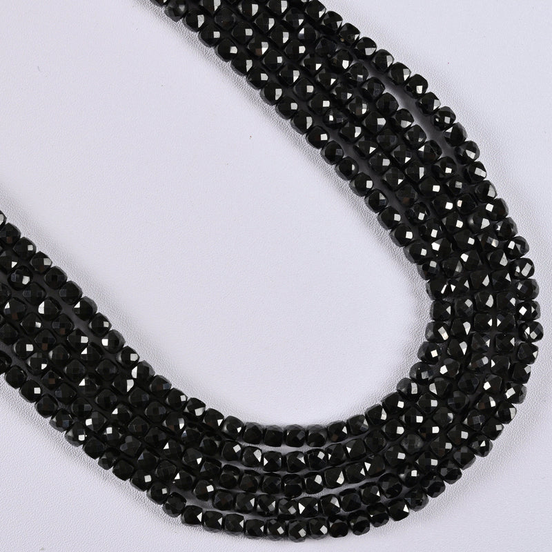 Black Spinel Faceted Square Cube Diamond Cut Loose Beads 4mm - 15" Strand