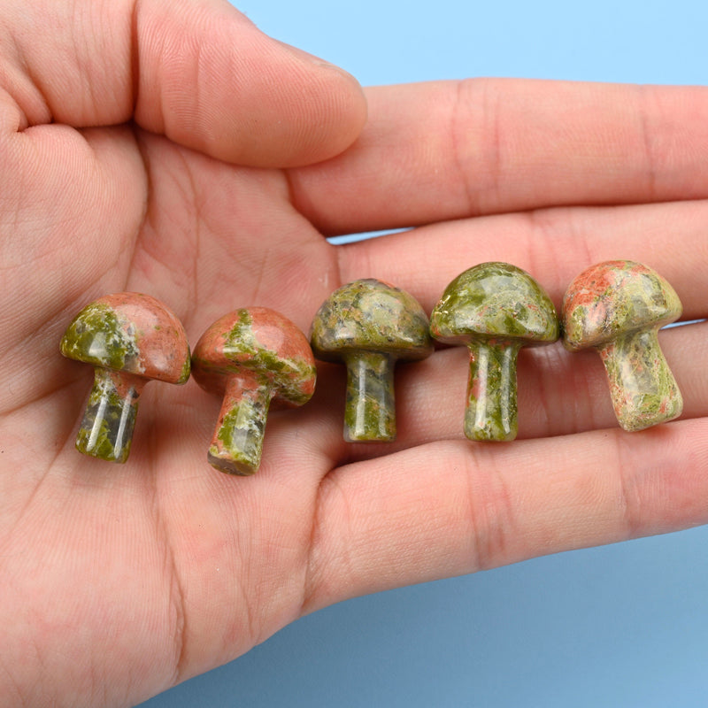 Carved Mushroom Crystal Figurine, 20mm Natural Unakite Mushroom Gemstone