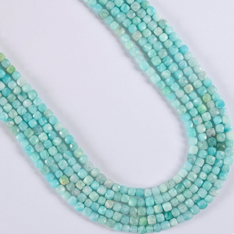 Green Amazonite Faceted Square Cube Diamond Cut Loose Beads 4mm - 15" Strand