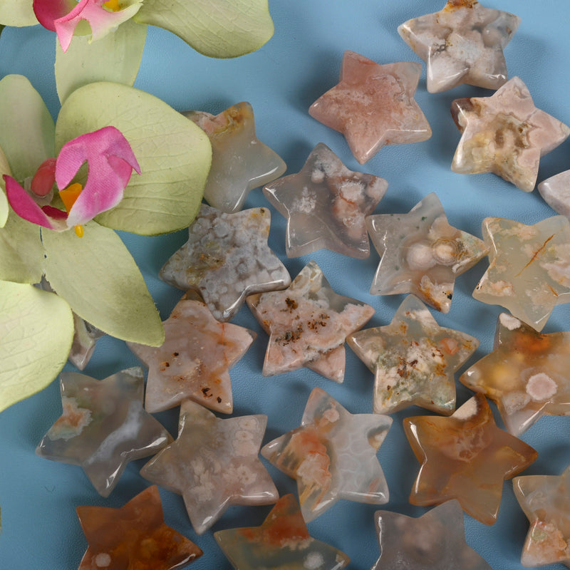 Carved Star Gemstone Crystal, Cherry Blossom Sakura Flower Agate Star Crystal Carving, 30mm Star Figurine, Pocket Stone.