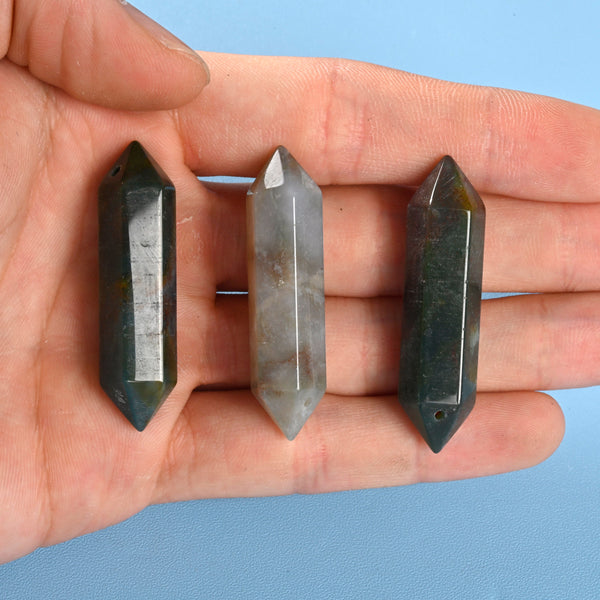 Drilled Hole Crystal Point Gemstone, Indian Agate Double Terminated Points Crystal, Hexagonal Crystal Pendant Necklace Charm.