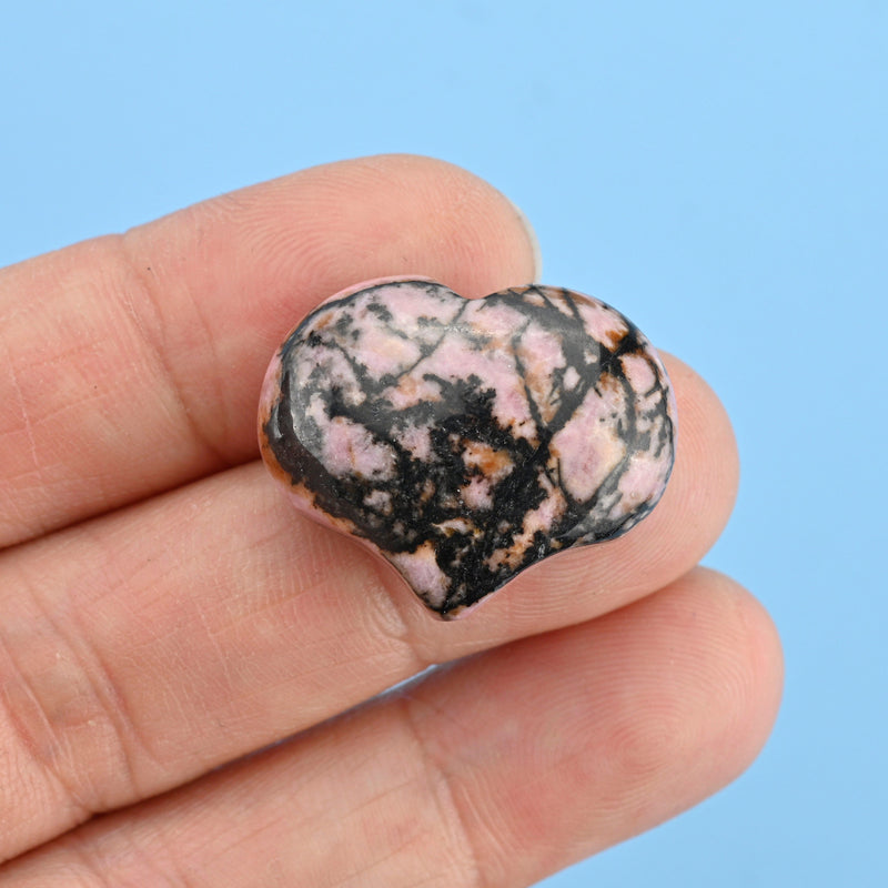 Carved Puffy Heart Figurine, 25mm x 20mm Natural Rhodonite Heart Gemstone, Crystal Decor, Rhodonite Small Heart Stone.