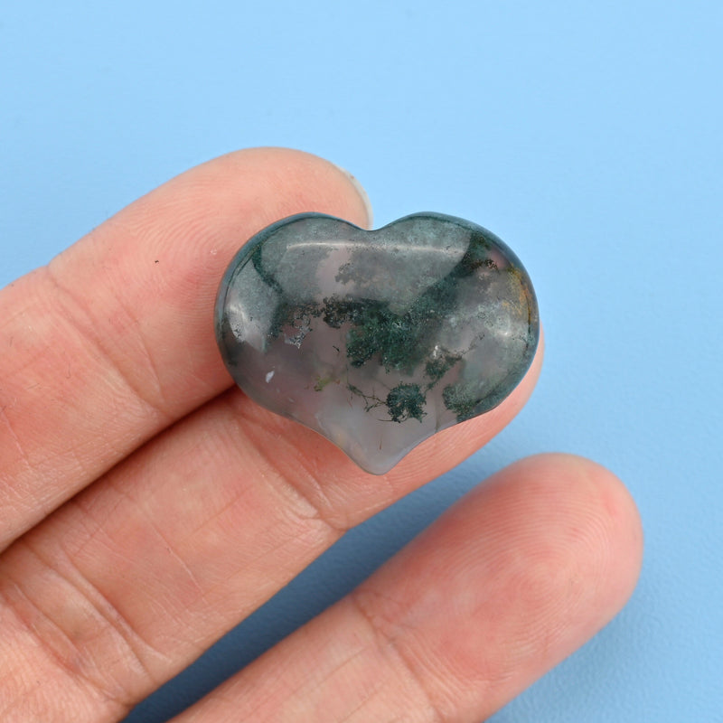 Carved Puffy Heart Figurine, 25mm x 20mm Natural Moss Agate Heart Gemstone, Small Heart Stone