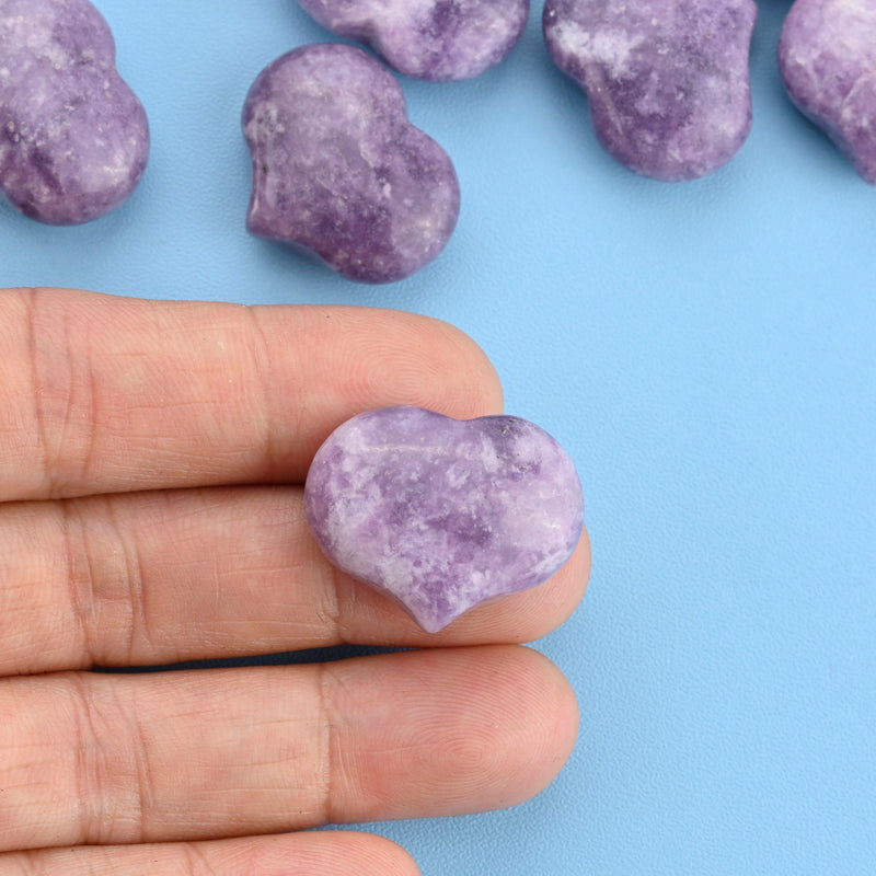 Carved Puffy Heart Figurine, 25mm x 20mm Natural Lepidolite Heart Gemstone, Crystal Decor, Lepidolite Small Heart Stone.
