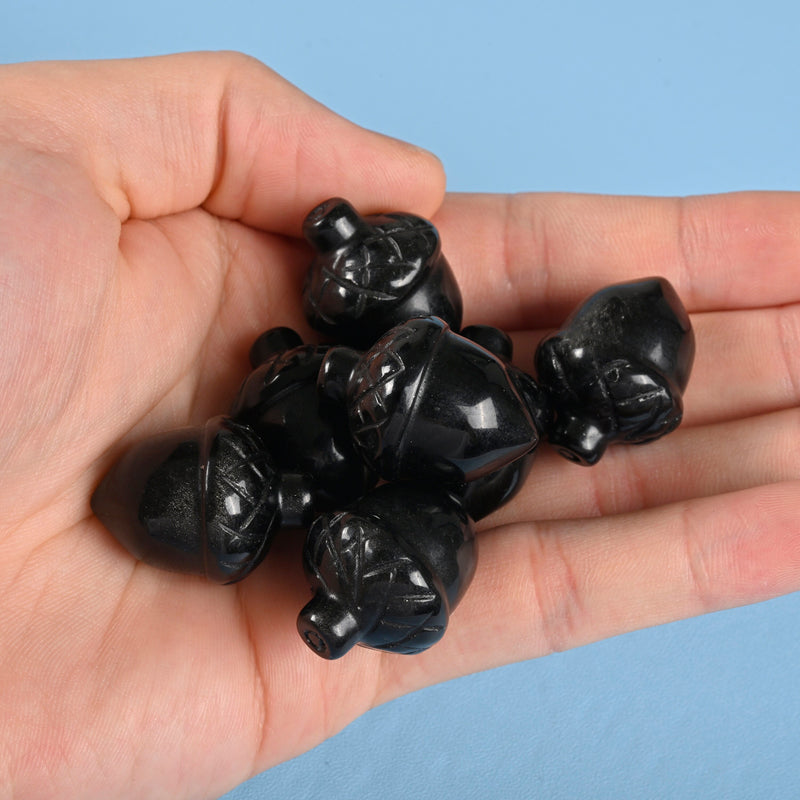 Carved Acorn Crystal Figurine, 1 inch Natural Black Obsidian Acorn Gemstone, Cute Crystal Decor, Black Obsidian Chestnut.