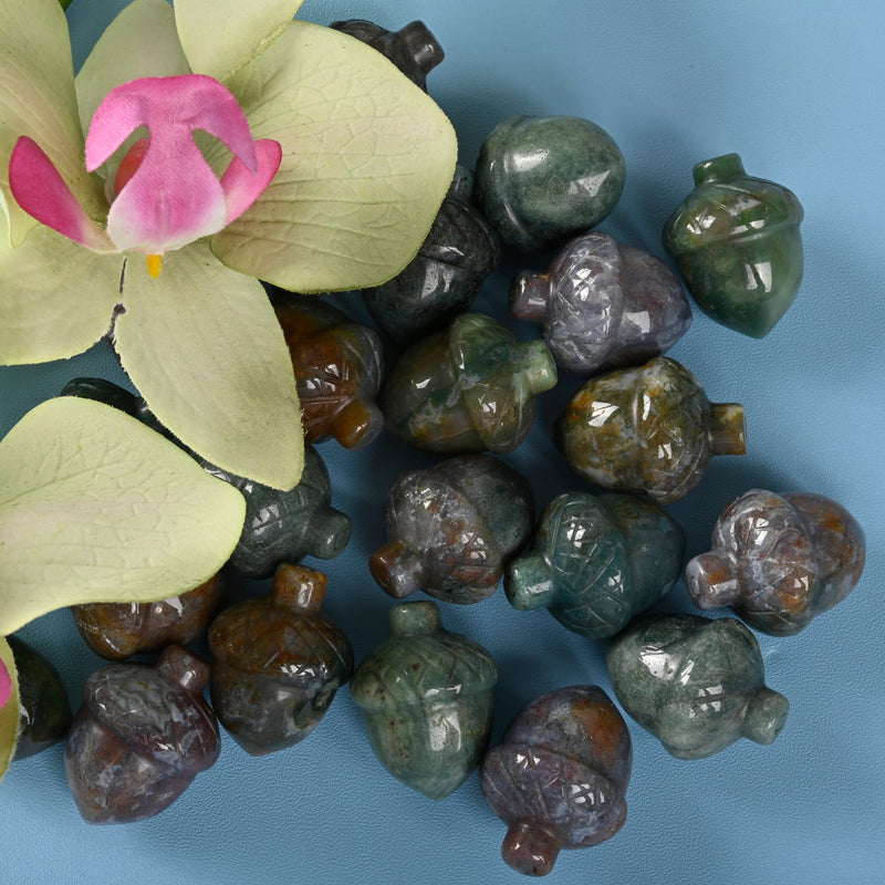 Carved Acorn Crystal Figurine, 1 inch Natural Indian Agate Acorn Gemstone, Cute Crystal Decor, India Agate Chestnut.