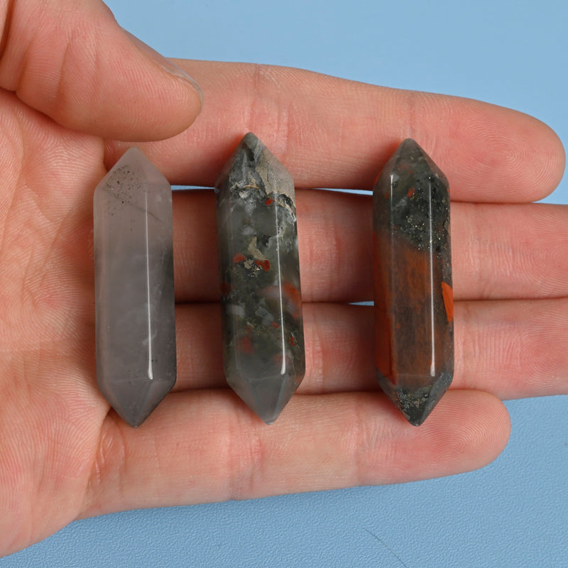 Crystal Point Gemstone, African Bloodstone Double Terminated Points Crystal, No Hole, Undrilled Hexagonal Crystal Pendant Charm.