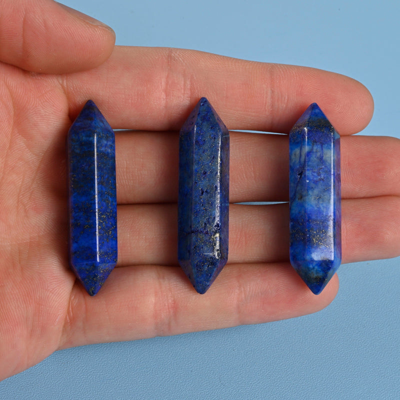 Crystal Point Gemstone, Lapis Lazuli Double Terminated Points Crystal, No Hole, Undrilled Hexagonal Crystal Pendant Charm.