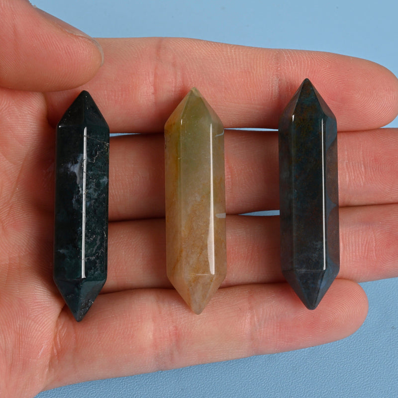 Crystal Point Gemstone, Moss Agate Double Terminated Points Crystal, No Hole, Undrilled Hexagonal Crystal Pendant Charm.