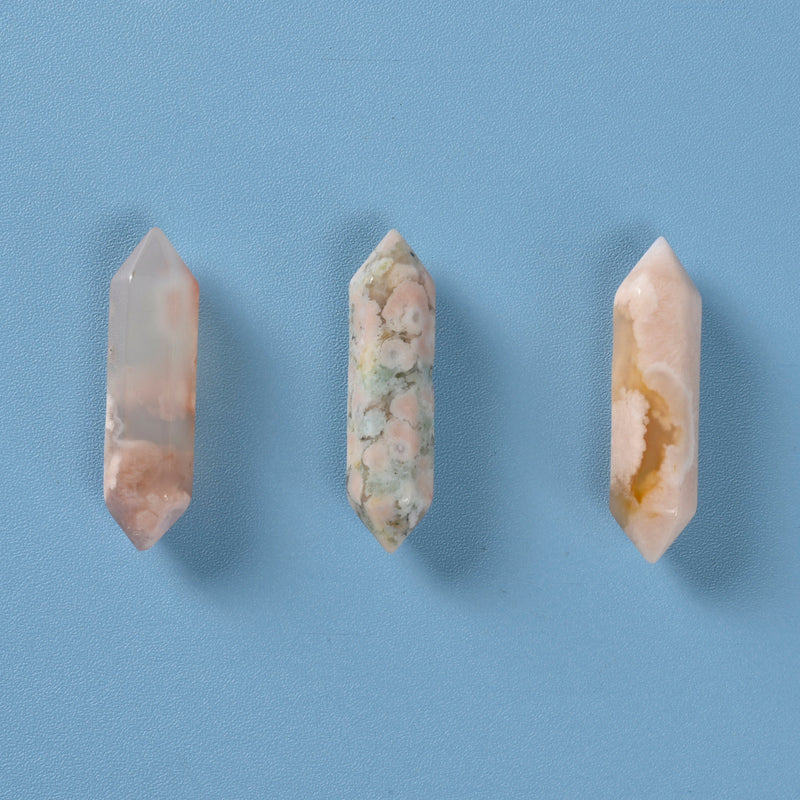 Crystal Point Gemstone, Sakura Flower Agate Double Terminated Points Crystal, No Hole, Undrilled Hexagonal Crystal Pendant Charm.