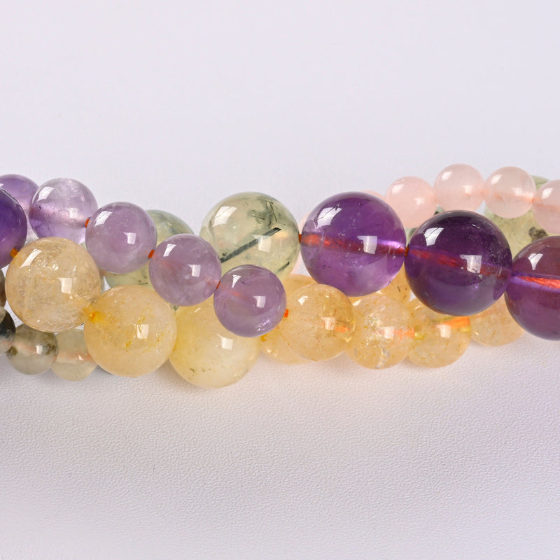 Four-Color Crystal (Amethyst, Rose Quartz, Prehnite, Citrine) Smooth Round Loose Beads 6mm-12mm - 15" Strand
