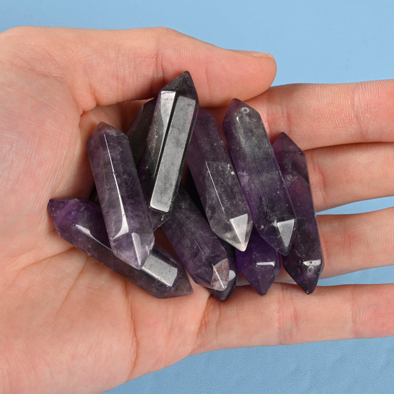 Drilled Hole Crystal Point Gemstone, Amethyst Double Terminated Points Crystal, Hexagonal Crystal Pendant Necklace Charm.