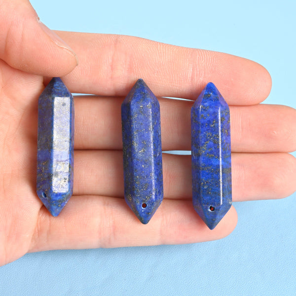 Drilled Hole Crystal Point Gemstone, Lapis Lazuli Double Terminated Points Crystal, Hexagonal Crystal Pendant Necklace Charm.