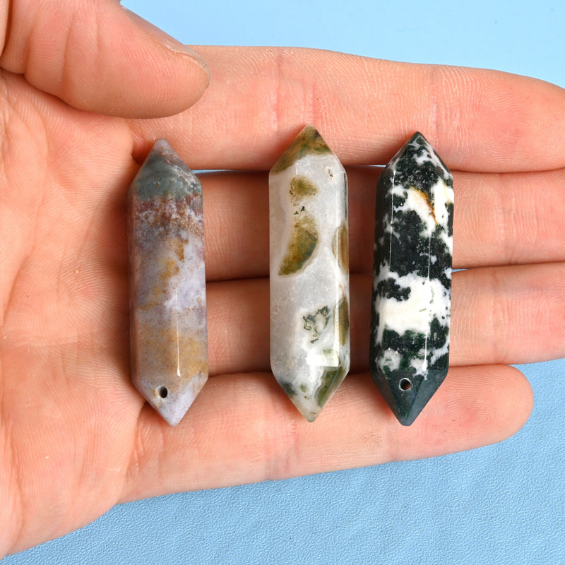 Drilled Hole Crystal Point Gemstone, Moss Agate Double Terminated Points Crystal, Hexagonal Crystal Pendant Necklace Charm.