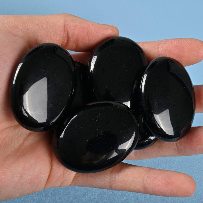 Oval Egg Palm Stone Cabochon Worry Stone, Black Obsidian Palm Stone Gemstone Crytal.